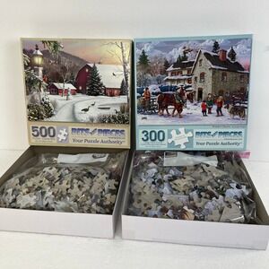 2 Bits & Pieces (1)-300 Piece & (1)-500 Piece Puzzles COMPLETE Chirstmas Holiday